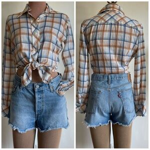 70s VINTAGE Paper Thin Sheer Workwear Plaid Button-Up Shirt top